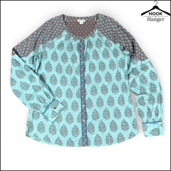 Sundance Tops - Sundance Stories To Be Told Boho Mixed Print Button Down Peasant Top M Blue Teal